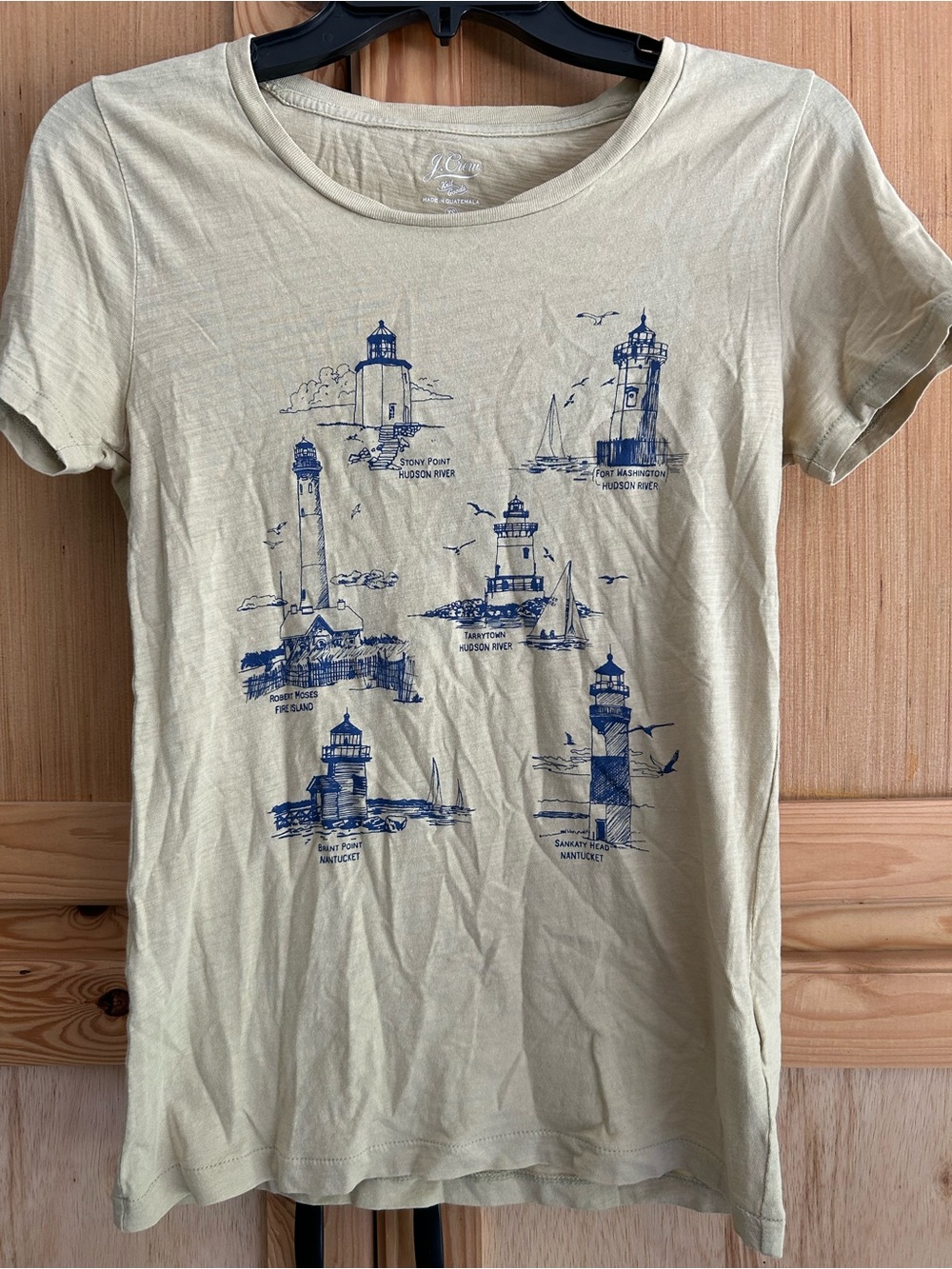 J. Crew Short-Sleeve Cream Tee with Navy Lighthouse Nautical Print Sz XS